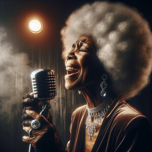 A mural image of Etta James, with her silver Afro, singing behin...