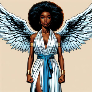 Create an image of a young Black woman with angel wings and long...