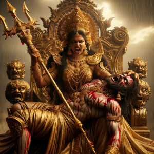 portrait of angry looking goddess durga sitting on a gold crown and carrying a weak mahishasur on her lap and stabbing him with her amazingly designed trident. She is wearing gold armor, a huge gold crown, gold saree, abundant  gold jewelry, covered in blood. The scene is set in ancient India. The image is 8K resolution, cinematic, ultra detailed face and epic.