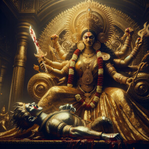 portrait of angry looking muscular goddess durga sitting on a go...