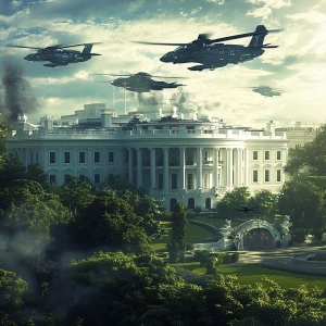 Design an image depicting a futuristic White House of the United...