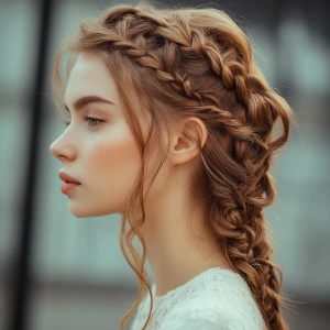 a woman, look to the side, Waterfall Braid Hairstyle