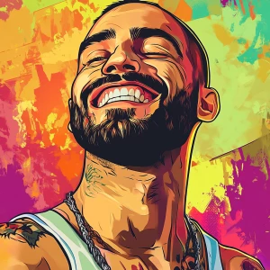 White muscular thin man with beard, big chin, smile and cheekbon...