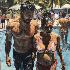 Realism  painting,a muscular beefy sweaty man  walking with his...