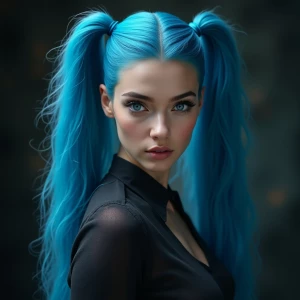 Photo of A stunning slender 22yo female, long blue hair in long...