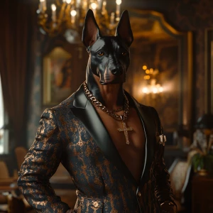 Generate an image of a sophisticated human-Doberman hybrid, dres...