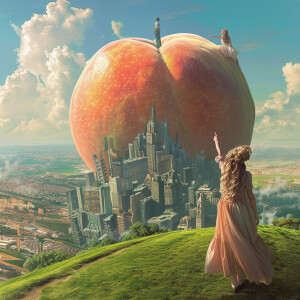 generate a surrealist image of a larger than life peach placed o...