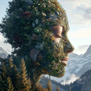 Create an 8K UHD 3D image that blends a stunning human face seamlessly with a Rocky Mountain landscape, using local fauna and flora to form the facial features. Ensure photorealism and intricate detailing for a cohesive and natural appearance.