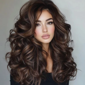 a woman, look to the camera, Long Voluminous Curls Hairstyle, Bi...