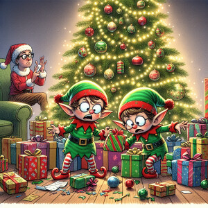 Two elves getting caught by someone offscreen stealing Christmas...