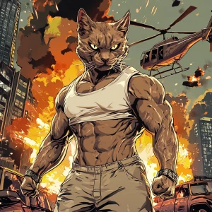 Create an image of a muscular humanoid cat character, featuring...
