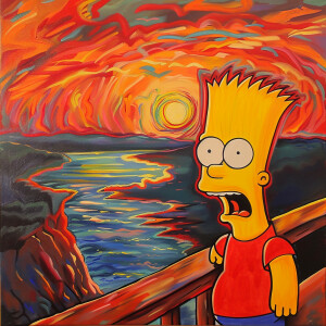 Bart Simpsons set against a classical impressionist landscape, s...