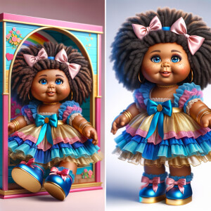 Design a 3-D realistic original African-American Cabbage Patch doll. She has on a blue pink and gold dress with matching booties. She has pink and blue bows in her hair. she lives inside of a colorful dollhouse. She has freckles and big dimples.