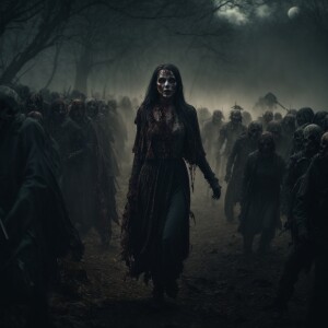 A gruesome scene of a zombie woman leading a horde of undead sol...