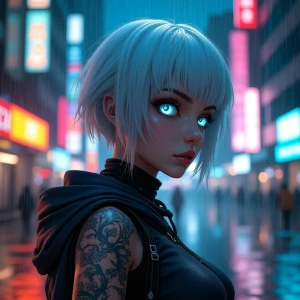 A hyper-realistic portrait of a futuristic cyberpunk woman with glowing neon tattoos, short silver hair, and piercing blue eyes, standing in a rain-soaked cityscape at night.