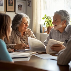 Create a cozy home scene where an elderly couple discusses their...