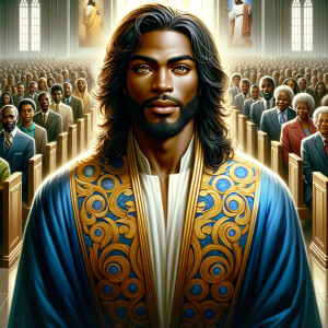 Illustrate an inspiring African-American Jesus crust with a dign...