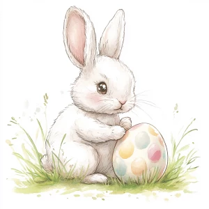 A cute bunny sitting in a bit of grass, painting an Easter egg,...