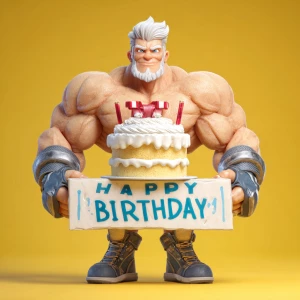 A muscular bodybuilder with silver hair and a beard, coming out...