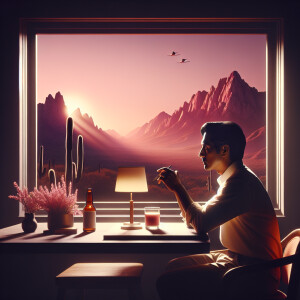 A man seated at a table by a picture window, intently observing...