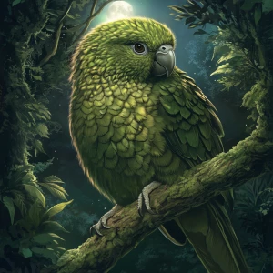 Create an illustration of a Kakapo, a nocturnal and flightless parrot with moss green feathers and a whiskered face, native to New Zealand, perched on a tree branch in a dense forest under moonlight.