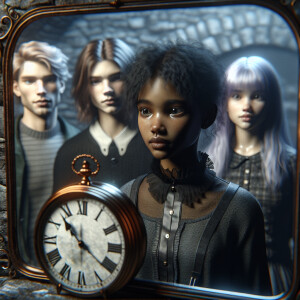 Four teenagers are standing in a dark gloomy room. The figure of...
