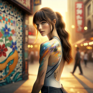 Athletic Thin skinny Attractive, Asian teenage girl, long brown hair and bangs, wearing tight skinny jeans and a halter top paint marks on her clothing, heroic pose Asian graffiti background, backside view