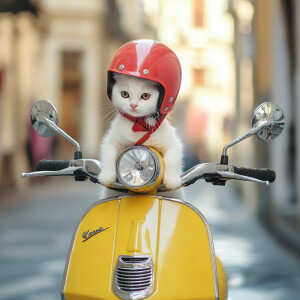 A white kitten wearing a red helmet is sitting on a yellow Vespa...