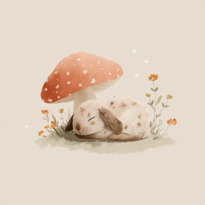 A cute fluffy rabbit sleeping peacefully curled up under a large...