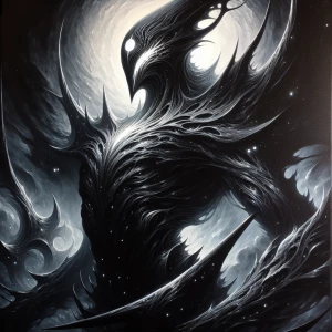 A brooding, majestic Shadow Elemental looms large in the acrylic...