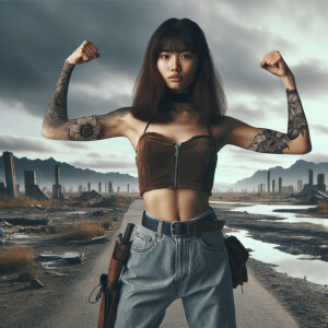 Thin Asian teen girl wearing tight jeans and a halter top Long brown hair and bangs, tattoos on her arms, athletic heroic pose