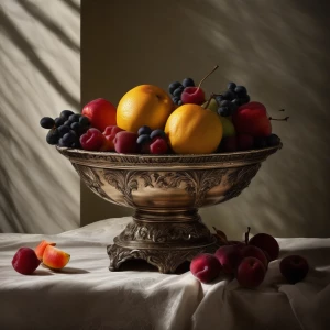 A still life of a bowl of fruit, lit by a single candle, against a shadowy backdrop.