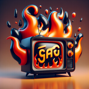 Tube TV with the word “GAG” on the screen on fire cartoon logo