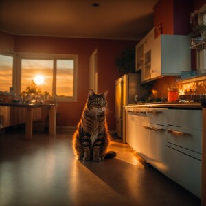 There's a cat who seats in the middle of kitchen. It's a sunset