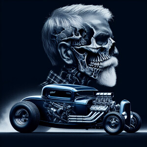Skull with greybeard, blue hot rod monster