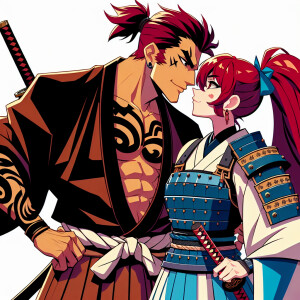 Renji Abarai from the anime “Bleach” kisses Erza Scarlet from th...