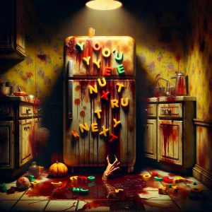 In a dimly lit, grimy kitchen, an eerie scene unfolds.red paint...