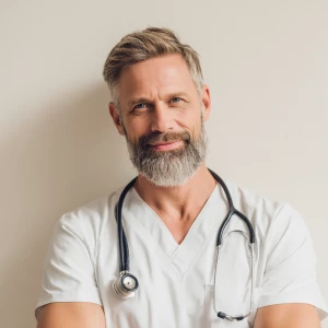 Create an image of a middle-aged man with a neatly trimmed beard...