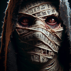 Create a hyperrealistic and cinematic close-up image of a mummy-...