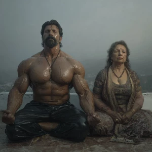 Hyperrealistic image,A man muscular beefy sweaty doinga yoga sit...