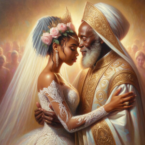 Imagine a hyper-realistic oil painting that captures a tender moment between theAfrican American bride and her God. The setting is intimate and filled with soft, warm lighting that enhances the emotional depth of the scene. The bride, in herexquisite wedding gown, shares a heartfelt embrace with her african-American Lord Jesus , who is dressedin an elegant outfit that complements the wedding's color scheme. Their expressions are full of love, pride, and joy, reflecting the special bond between them. Theattention to detail is paramount, from the intricate designs of their dresses to the subtle emotions conveyed in their facial expressions. The background is a blur ofgentle pastel hues, ensuring that the focus remains on this touching moment. Thispainting should convey the warmth, love, and depth of the relationship, with the rich textures and vibrant strokes characteristic of oil paintings, capturing the essence of this significant pre-wedding moment.