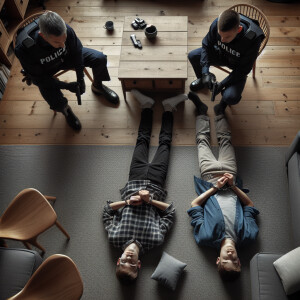 caucasian male teens handcuffed, laying flat face down on the gr...