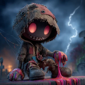 The scene features a character in a tattered, hooded outfit, rem...