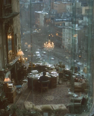 New York 1970s man is working on his desk on his in his luxury p...