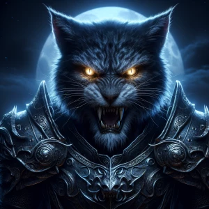 Generate an image of a menacing, demonic cat with glowing eyes,...
