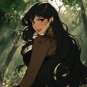 Illustration in the style of alphonse mucha, Bayonetta, in attac...