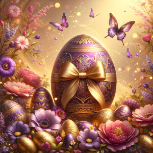 A luxurious and ornate Easter-themed image featuring a large cen...