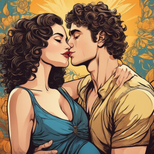 a girl of Slavic appearance with a curly bob kissed a young curl...