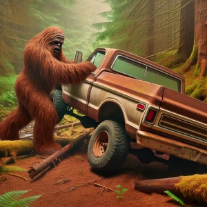Sasquatch with thick fur lifting the rear of a rust-colored 1977...