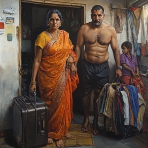 Oil painting style hd 1:1 ,a 54-year-old Gujarati mother who wor...
